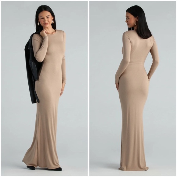 Windsor Dresses & Skirts - Windsor Looking For The One Basic Long Sleeve Natural Maxi Dress NWT Size Small